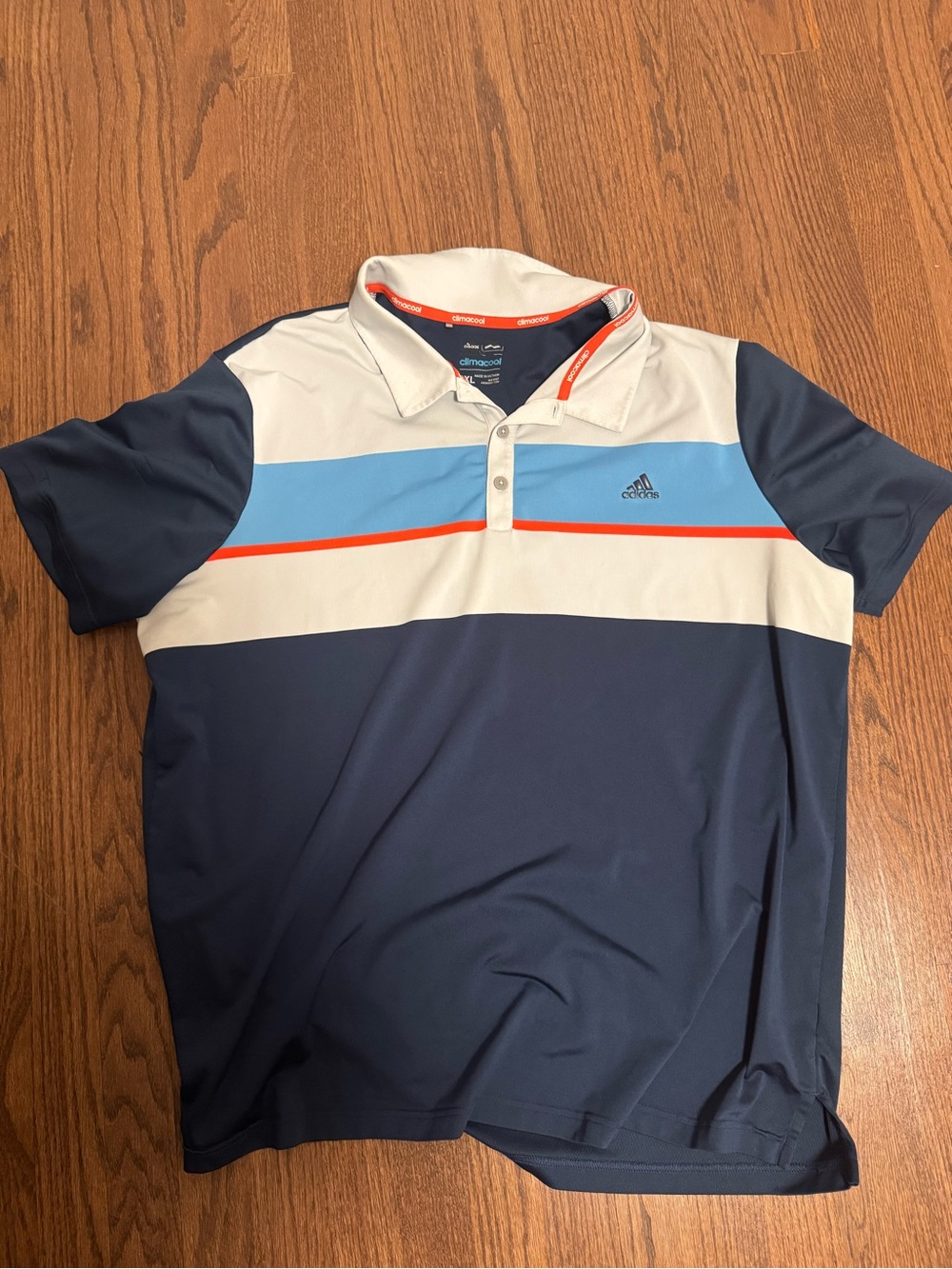 adidas Men’s Navy, White and Light Blue Polo with Orange Stripe